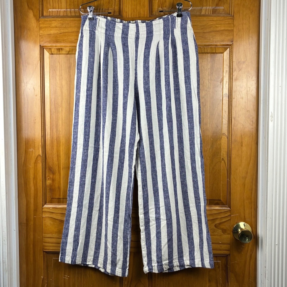 Evolutionary Blue White Striped Linen Blend Wide Leg Crop Pants Lg Boho Coastal